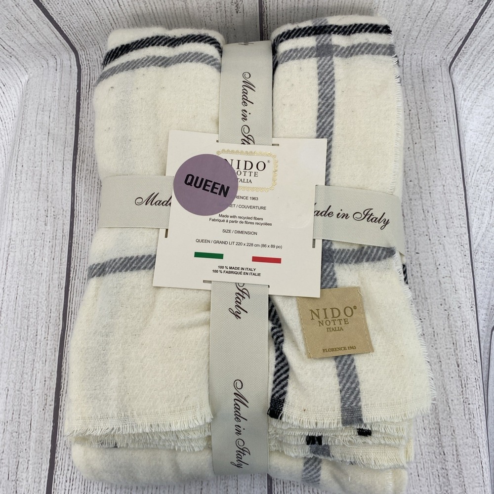 Nido Notte Blanket QUEEN Cream Black Gray Plaid Lightweight Cotton Blend